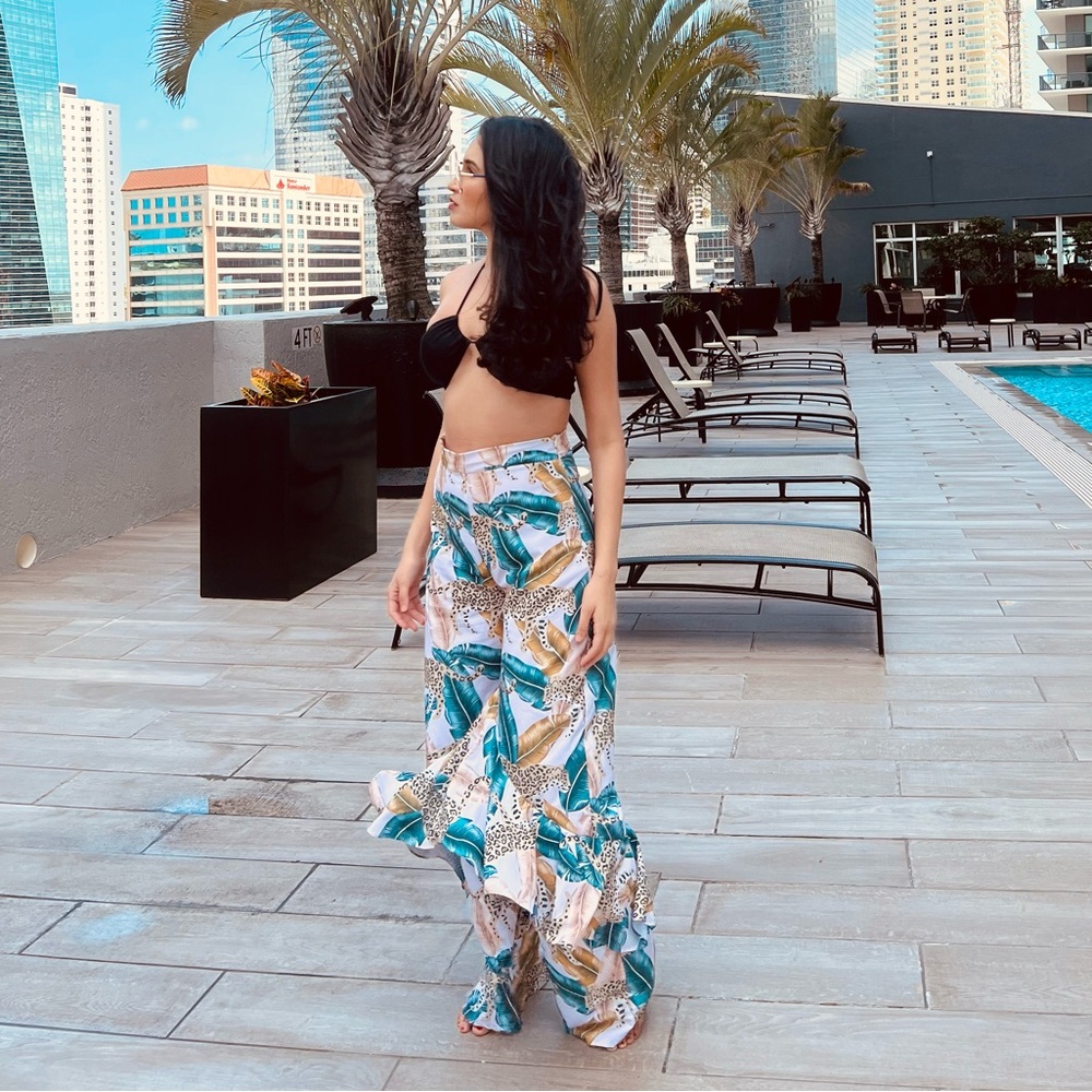 Tropical Print Wide Leg Pants